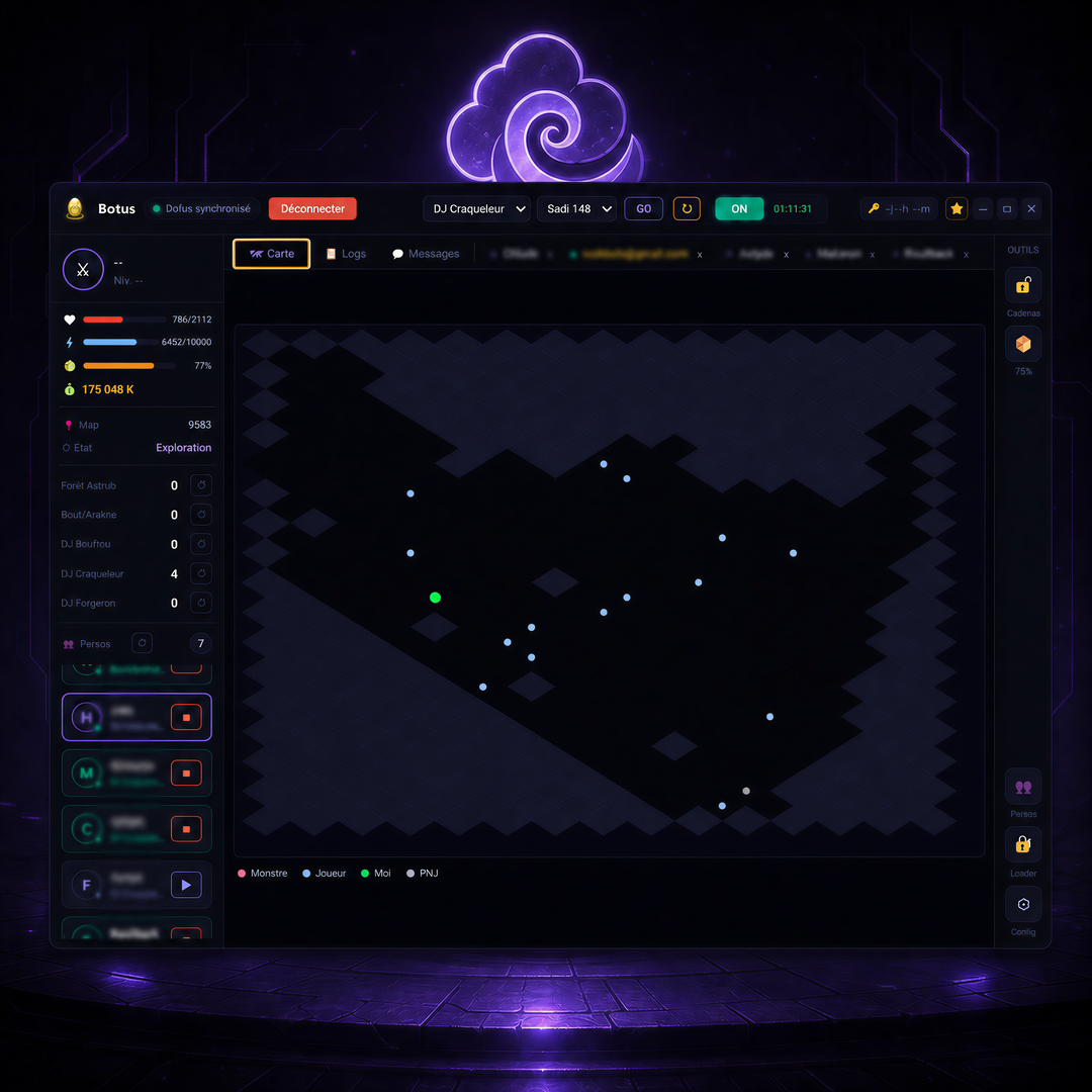 Dashboard Botus avec sidebar persos et mini-map